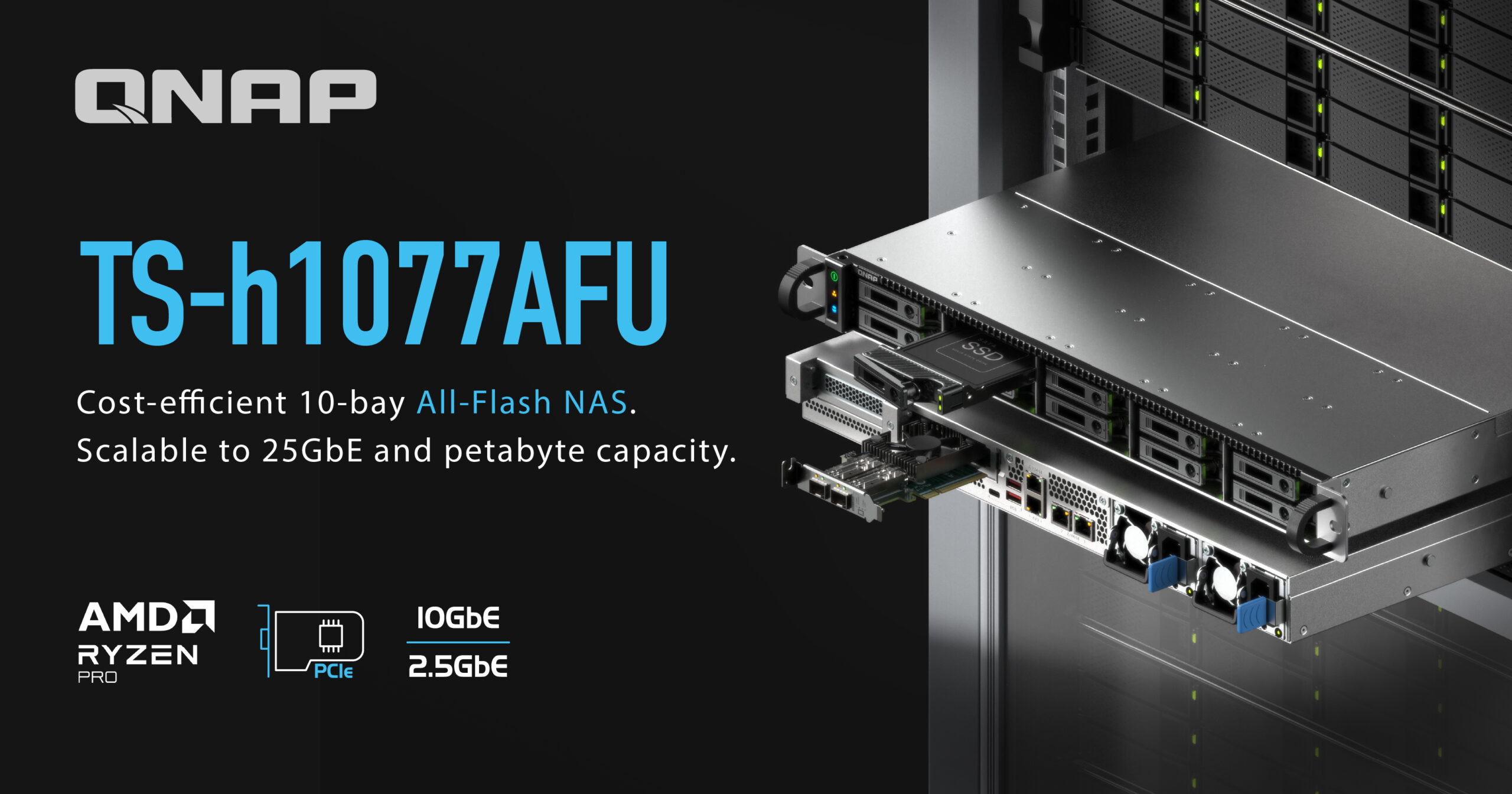 A QNAP BEMUTATJA A 10 LEMEZES, ZFS-ALAPÚ, NAGY SŰRŰSÉGŰ, ALL-FLASH TS-H1077AFU SATA SSD-S NAS-T AMD RYZEN™ PRO 7000-ES PROCESSZOROKKAL